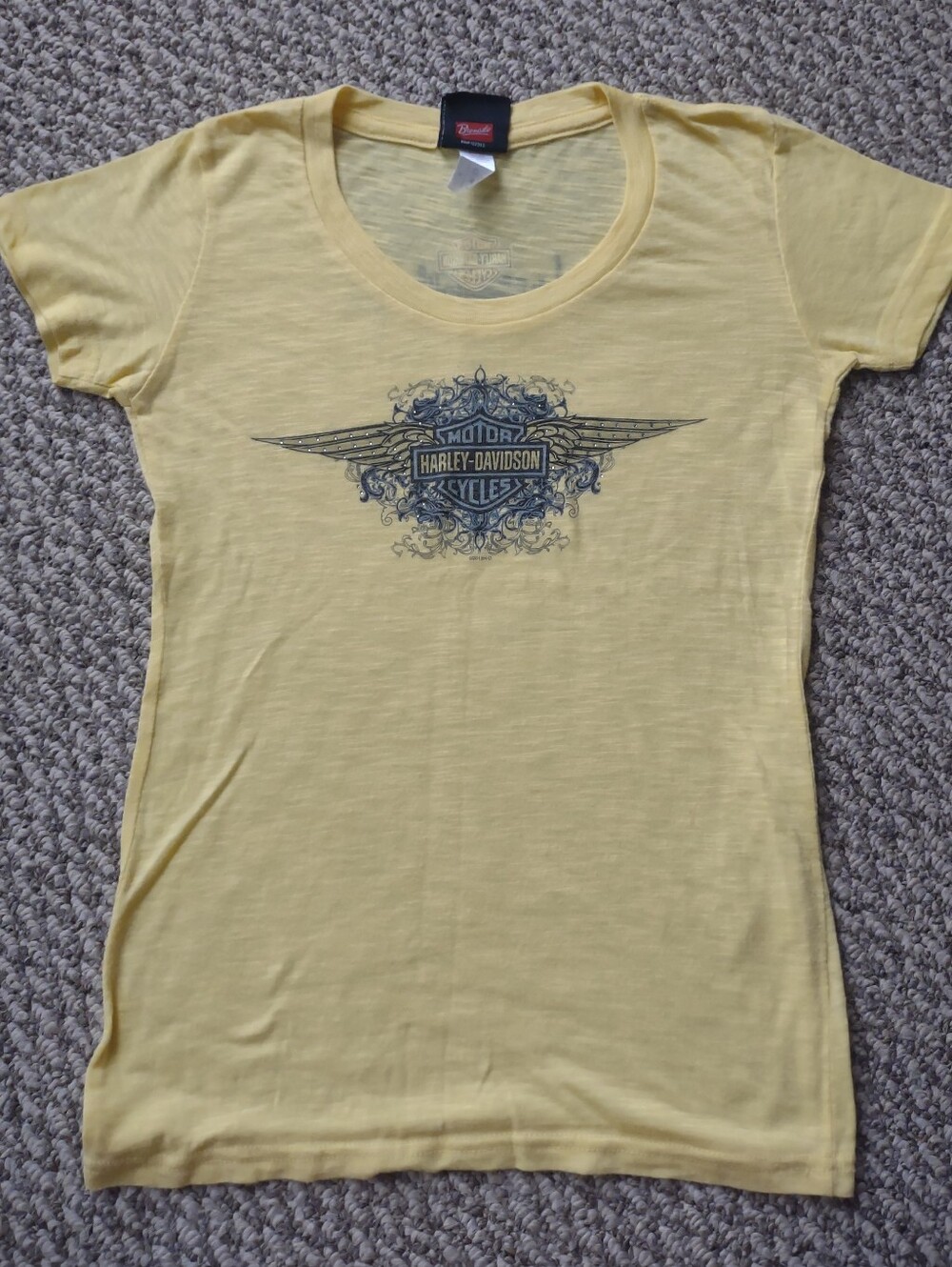 LADIES YELLOW CHICAGO HARLEY-DAVIDSON TISSUE KNIT T-SHIRT SMALL RHINESTONES L@@K